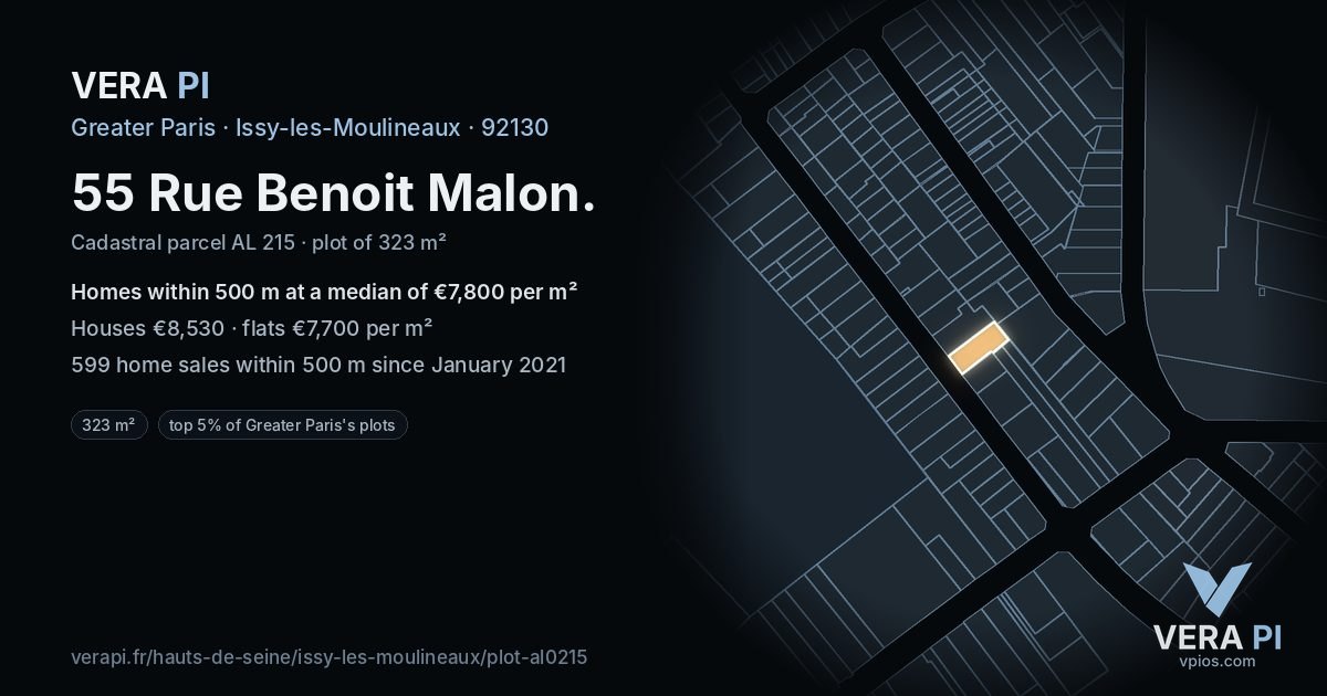 55 Rue Benoit Malon, Issy-les-Moulineaux at night – the plot lit, the parcels around coloured by the prices near them