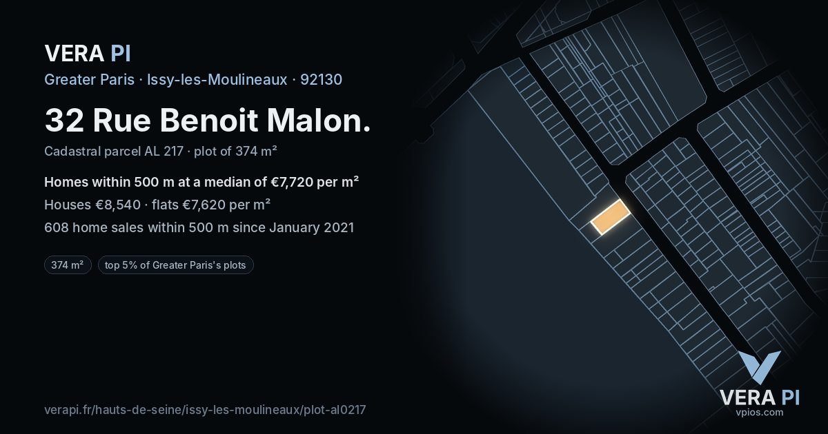 32 Rue Benoit Malon, Issy-les-Moulineaux at night – the plot lit, the parcels around coloured by the prices near them