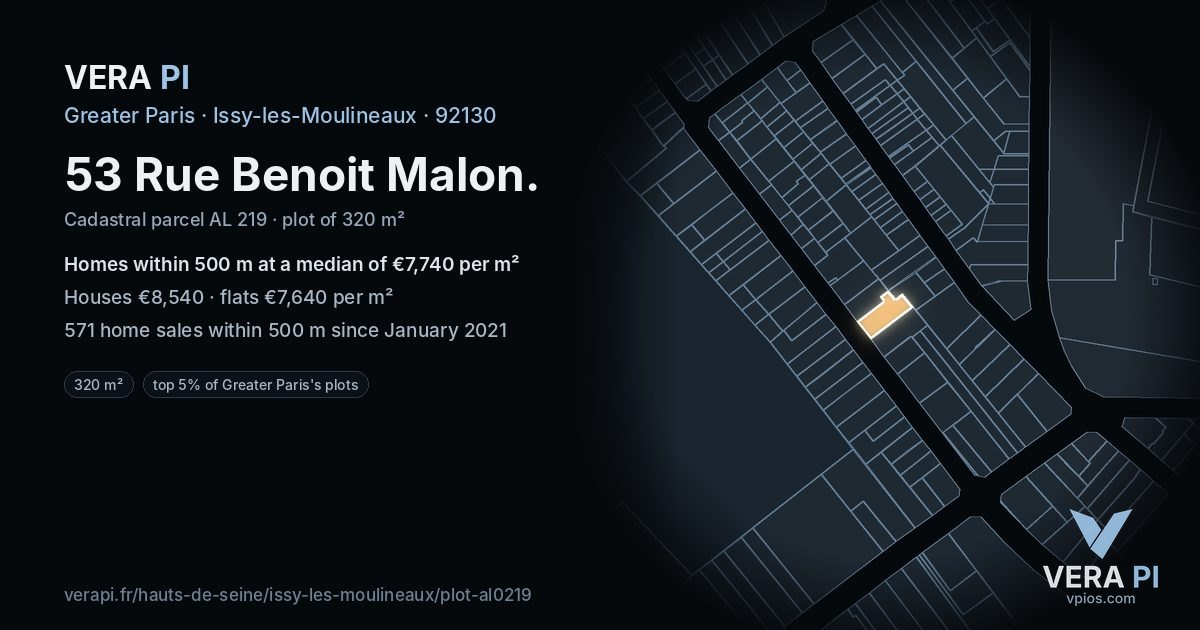 53 Rue Benoit Malon, Issy-les-Moulineaux at night – the plot lit, the parcels around coloured by the prices near them