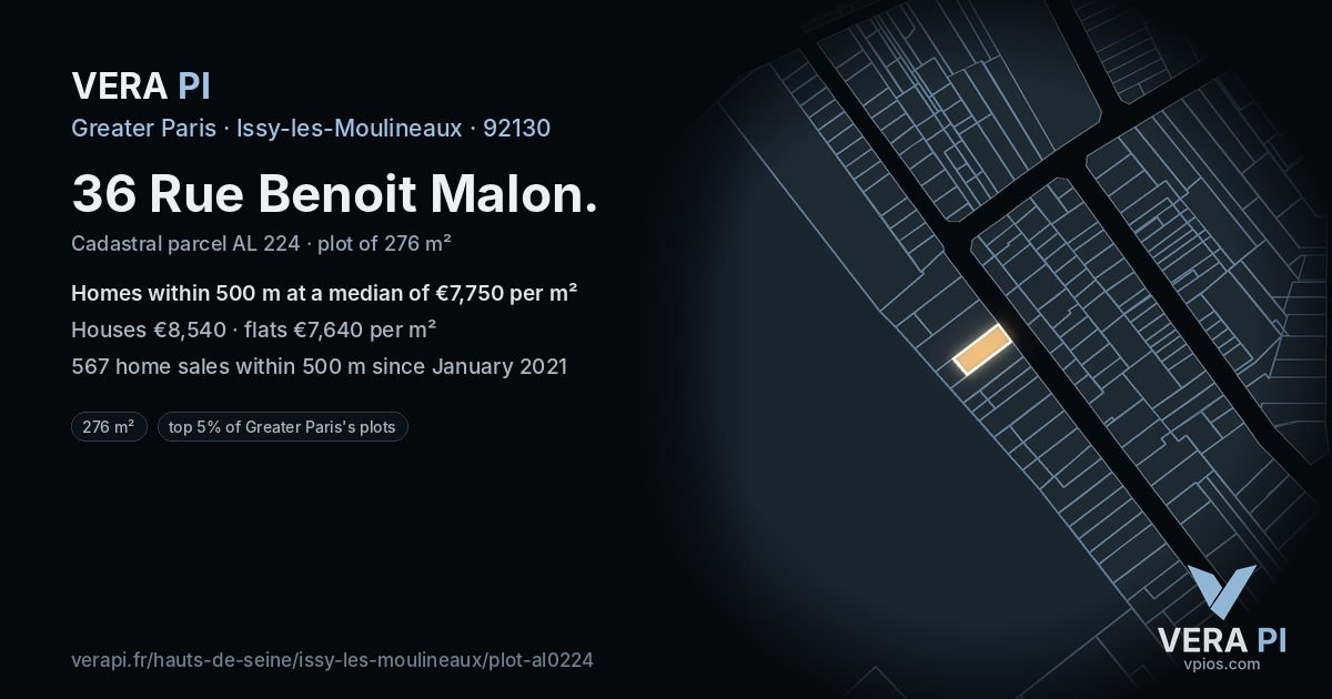 36 Rue Benoit Malon, Issy-les-Moulineaux at night – the plot lit, the parcels around coloured by the prices near them