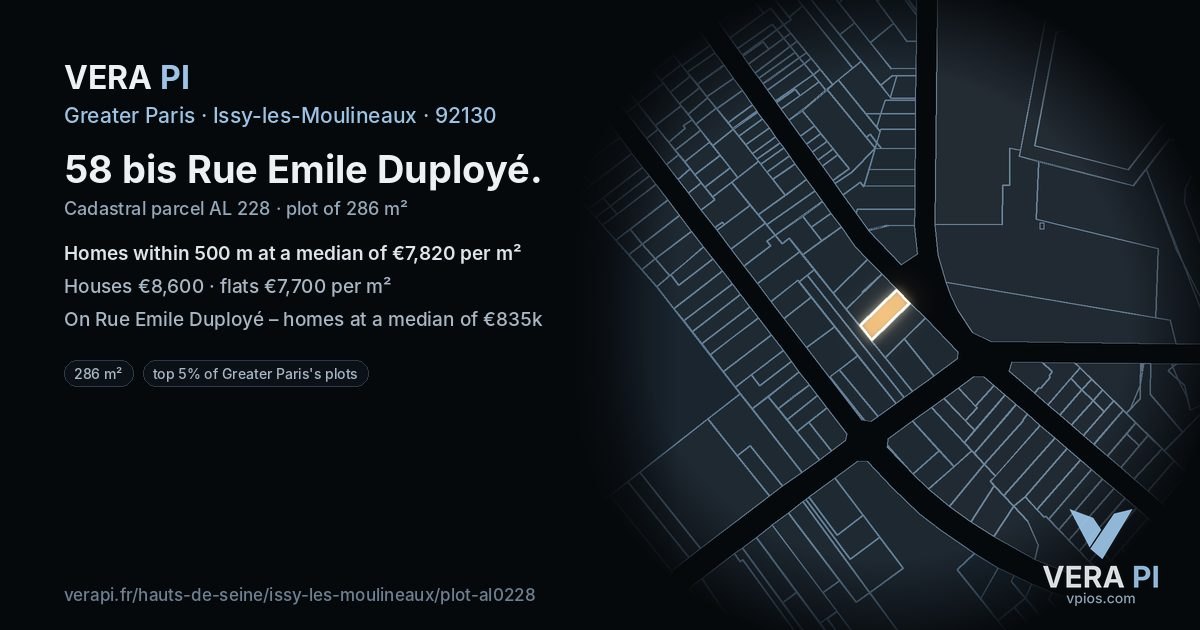 58 bis Rue Emile Duployé, Issy-les-Moulineaux at night – the plot lit, the parcels around coloured by the prices near them