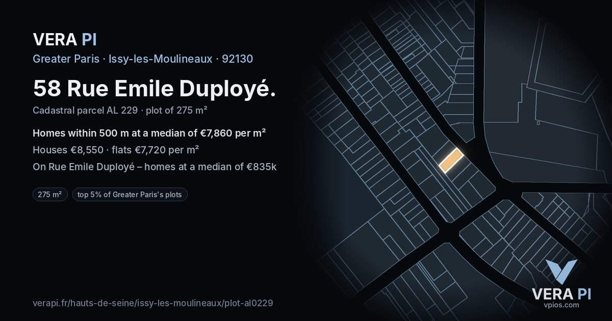 58 Rue Emile Duployé, Issy-les-Moulineaux at night – the plot lit, the parcels around coloured by the prices near them