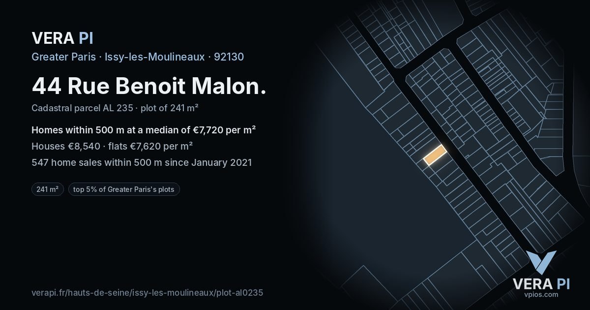 44 Rue Benoit Malon, Issy-les-Moulineaux at night – the plot lit, the parcels around coloured by the prices near them