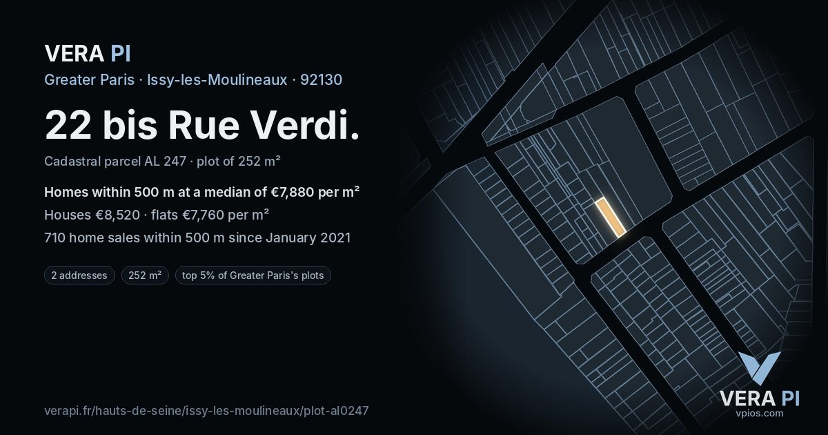 22 bis Rue Verdi, Issy-les-Moulineaux at night – the plot lit, the parcels around coloured by the prices near them