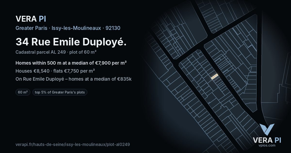 34 Rue Emile Duployé, Issy-les-Moulineaux at night – the plot lit, the parcels around coloured by the prices near them