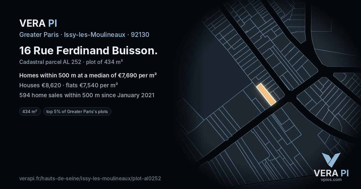 16 Rue Ferdinand Buisson, Issy-les-Moulineaux at night – the plot lit, the parcels around coloured by the prices near them
