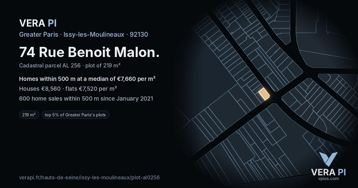 74 Rue Benoit Malon, Issy-les-Moulineaux at night – the plot lit, the parcels around coloured by the prices near them
