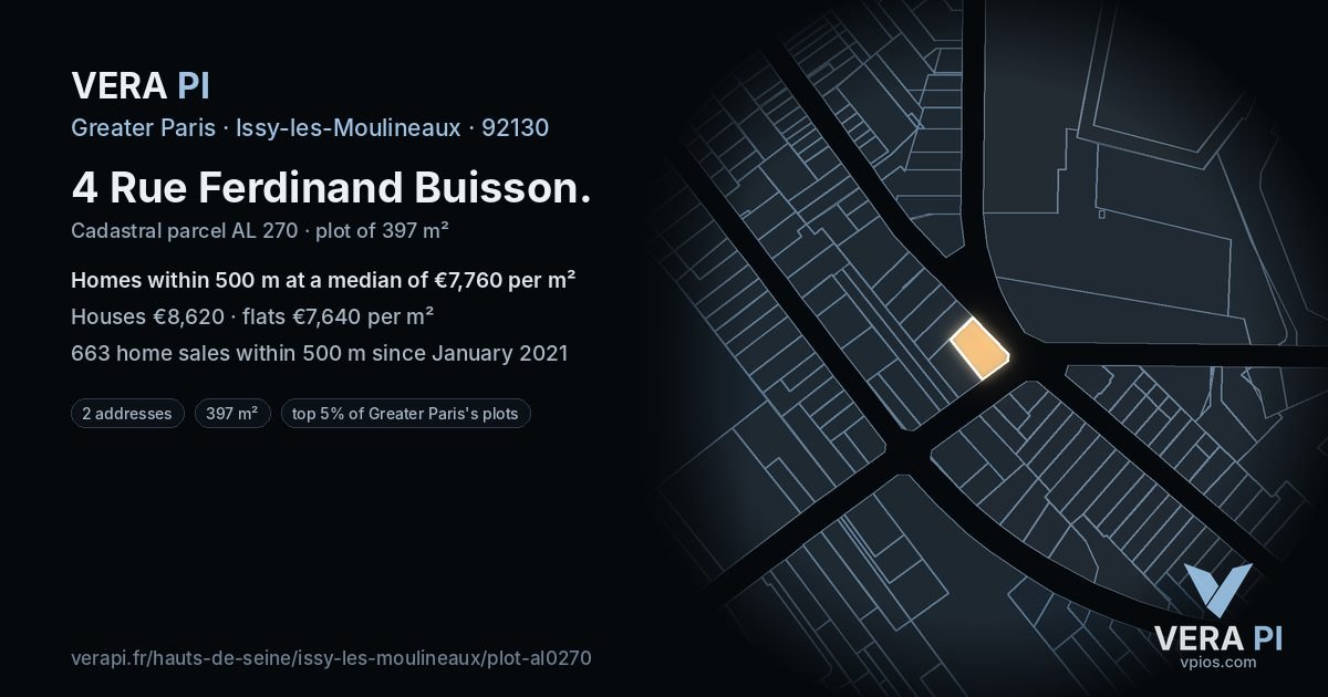 4 Rue Ferdinand Buisson, Issy-les-Moulineaux at night – the plot lit, the parcels around coloured by the prices near them