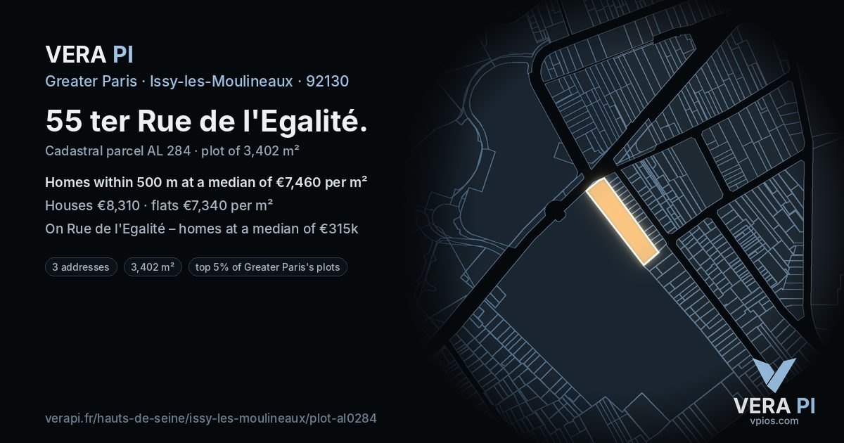 55 ter Rue de l'Egalité, Issy-les-Moulineaux at night – the plot lit, the parcels around coloured by the prices near them