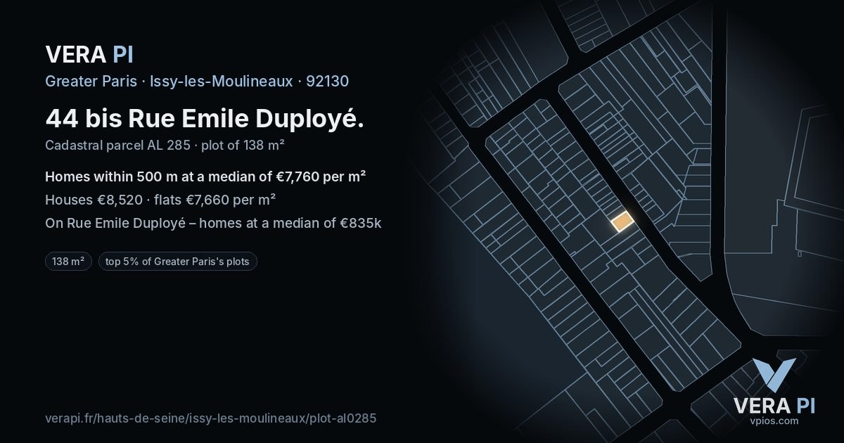 44 bis Rue Emile Duployé, Issy-les-Moulineaux at night – the plot lit, the parcels around coloured by the prices near them