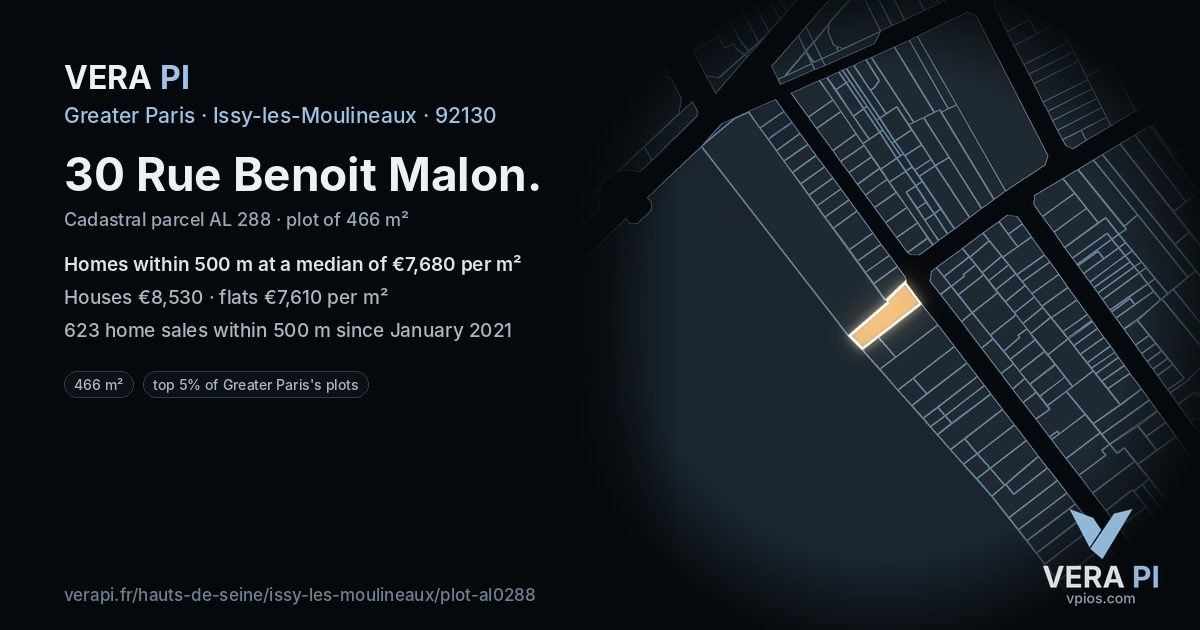30 Rue Benoit Malon, Issy-les-Moulineaux at night – the plot lit, the parcels around coloured by the prices near them