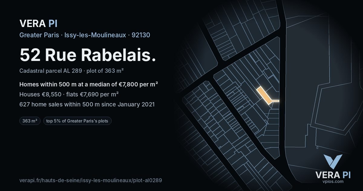 52 Rue Rabelais, Issy-les-Moulineaux at night – the plot lit, the parcels around coloured by the prices near them