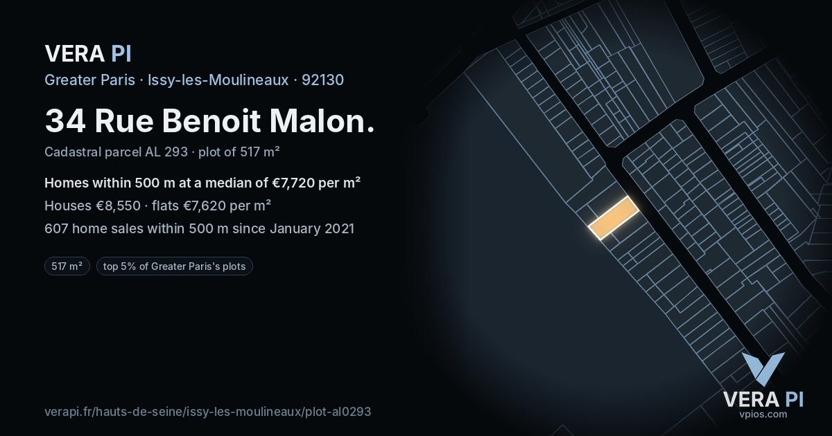 34 Rue Benoit Malon, Issy-les-Moulineaux at night – the plot lit, the parcels around coloured by the prices near them