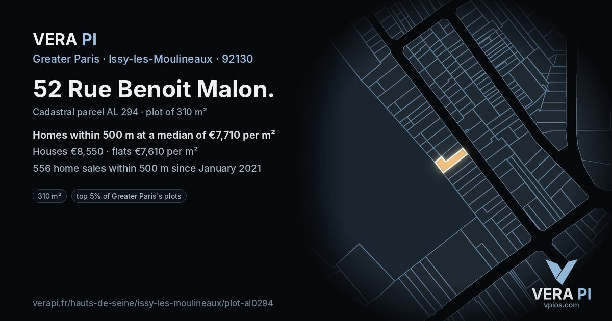 52 Rue Benoit Malon, Issy-les-Moulineaux at night – the plot lit, the parcels around coloured by the prices near them