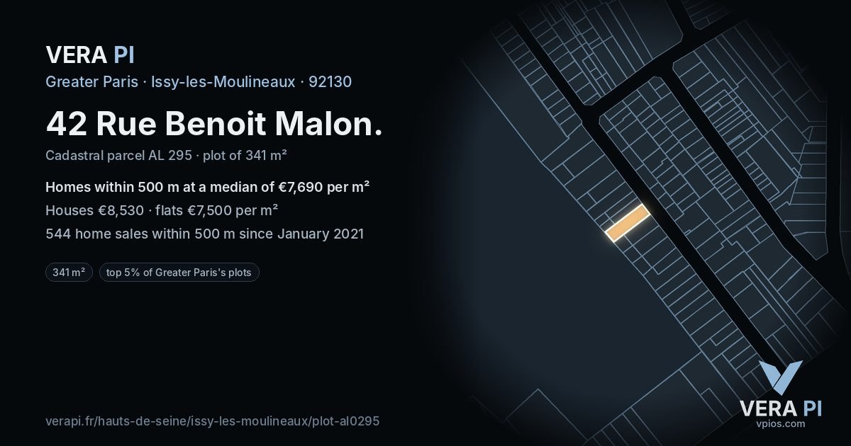 42 Rue Benoit Malon, Issy-les-Moulineaux at night – the plot lit, the parcels around coloured by the prices near them