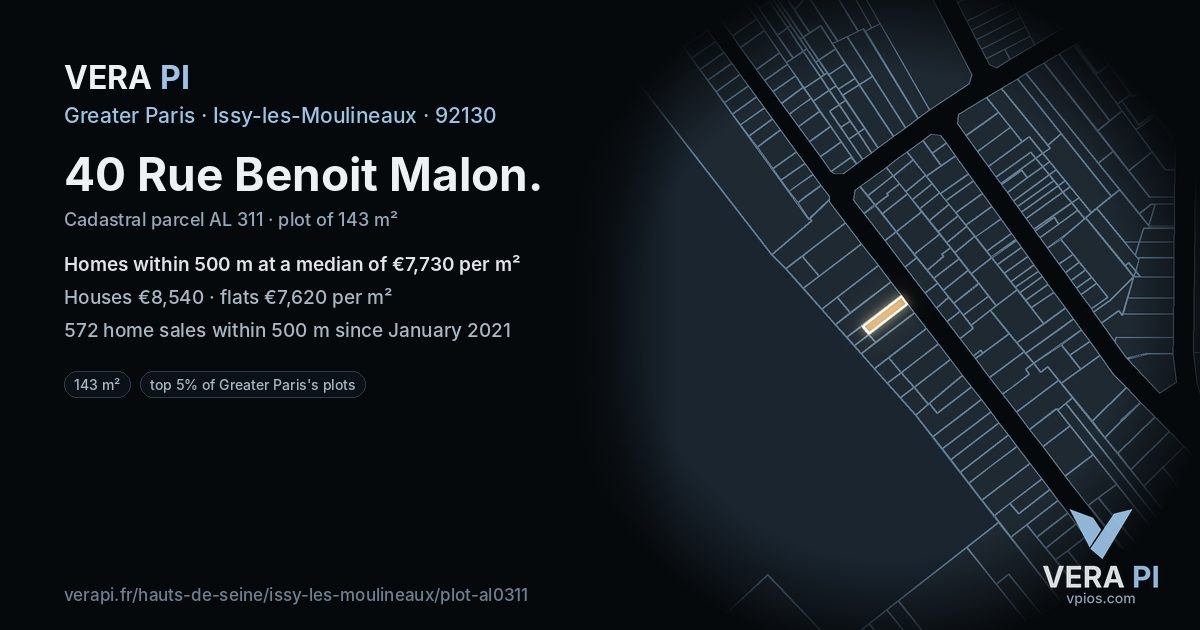 40 Rue Benoit Malon, Issy-les-Moulineaux at night – the plot lit, the parcels around coloured by the prices near them