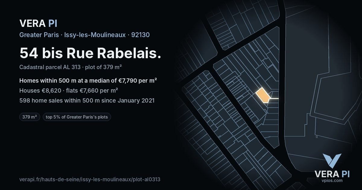 54 bis Rue Rabelais, Issy-les-Moulineaux at night – the plot lit, the parcels around coloured by the prices near them
