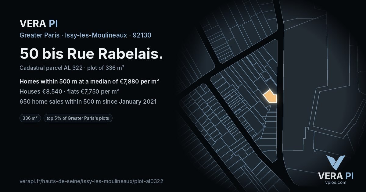 50 bis Rue Rabelais, Issy-les-Moulineaux at night – the plot lit, the parcels around coloured by the prices near them