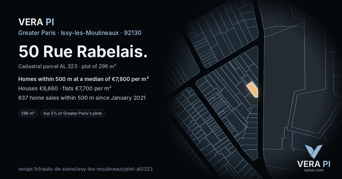 50 Rue Rabelais, Issy-les-Moulineaux at night – the plot lit, the parcels around coloured by the prices near them