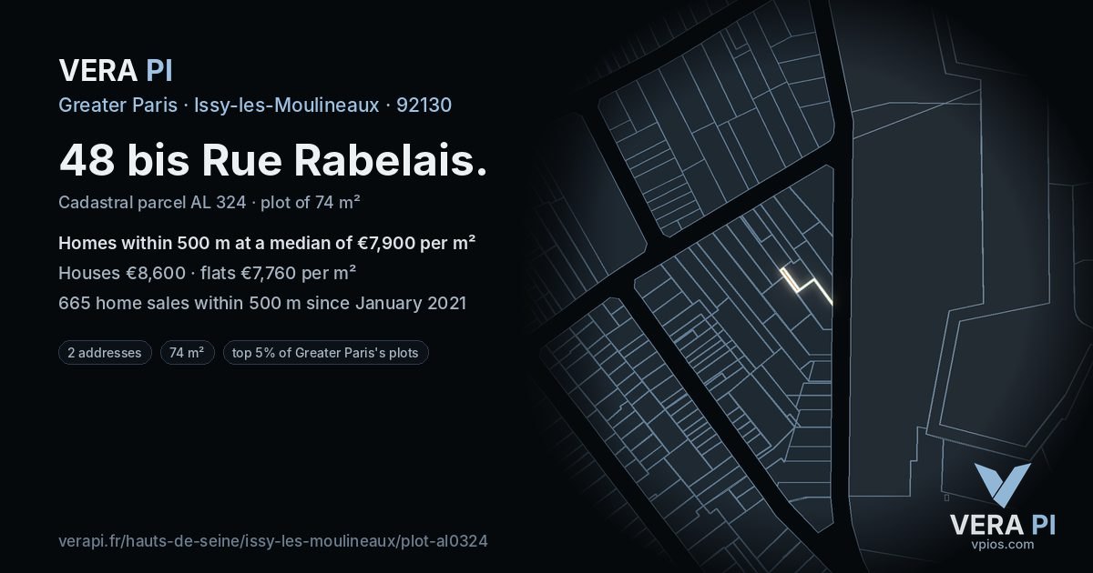 48 bis Rue Rabelais, Issy-les-Moulineaux at night – the plot lit, the parcels around coloured by the prices near them