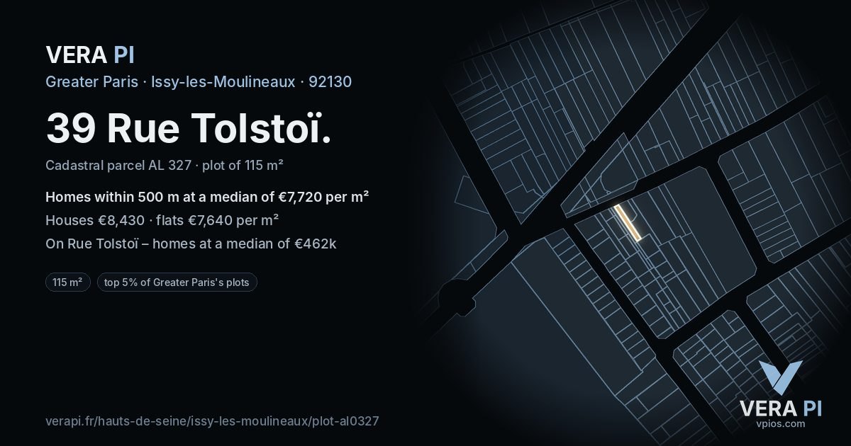 39 Rue Tolstoï, Issy-les-Moulineaux at night – the plot lit, the parcels around coloured by the prices near them