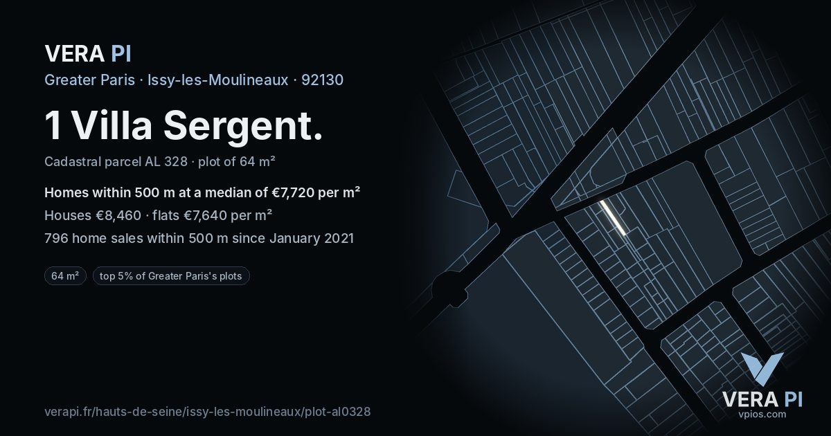 1 Villa Sergent, Issy-les-Moulineaux at night – the plot lit, the parcels around coloured by the prices near them