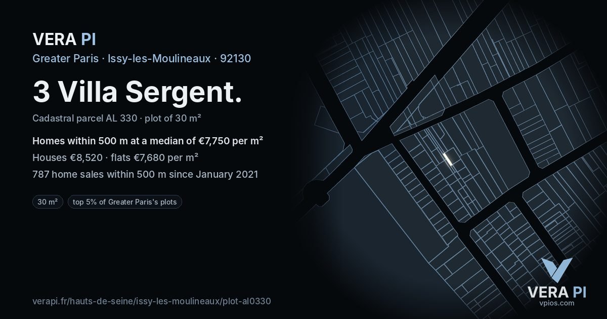 3 Villa Sergent, Issy-les-Moulineaux at night – the plot lit, the parcels around coloured by the prices near them