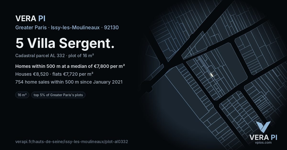 5 Villa Sergent, Issy-les-Moulineaux at night – the plot lit, the parcels around coloured by the prices near them