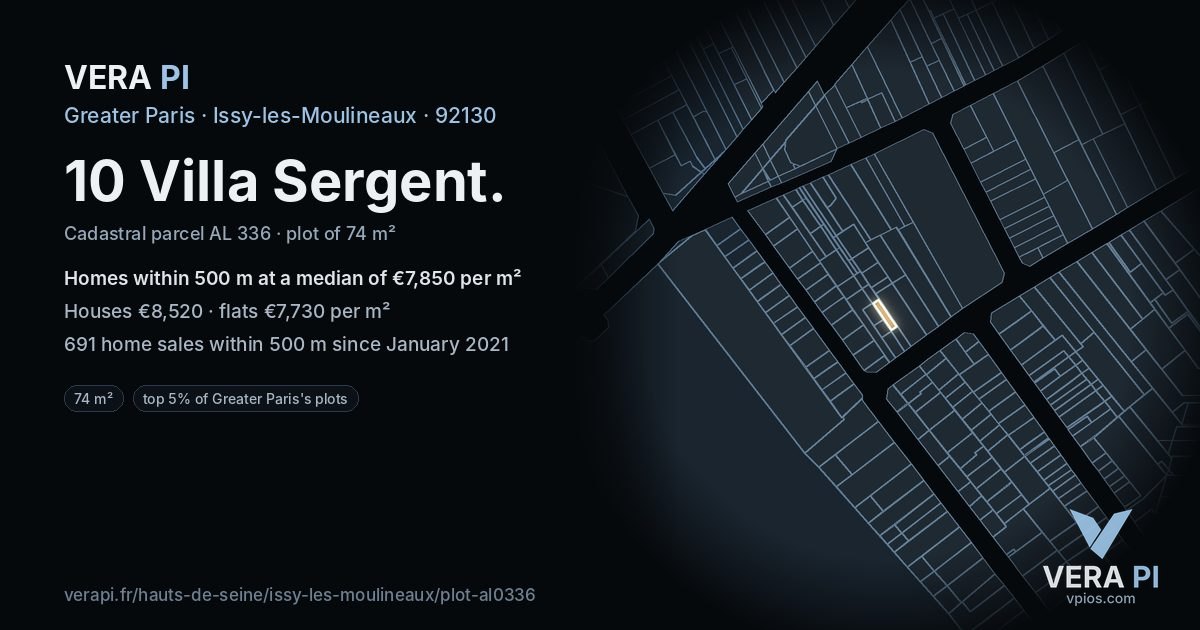 10 Villa Sergent, Issy-les-Moulineaux at night – the plot lit, the parcels around coloured by the prices near them