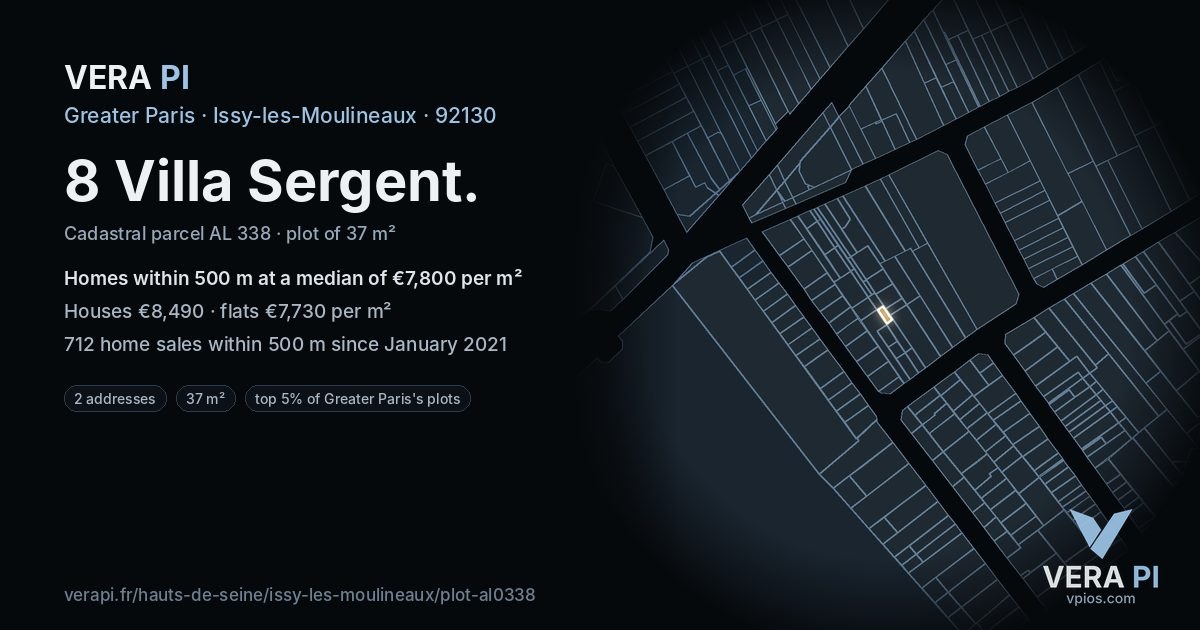 8 Villa Sergent, Issy-les-Moulineaux at night – the plot lit, the parcels around coloured by the prices near them