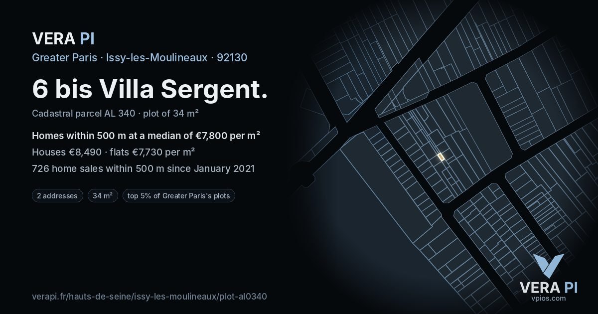 6 bis Villa Sergent, Issy-les-Moulineaux at night – the plot lit, the parcels around coloured by the prices near them