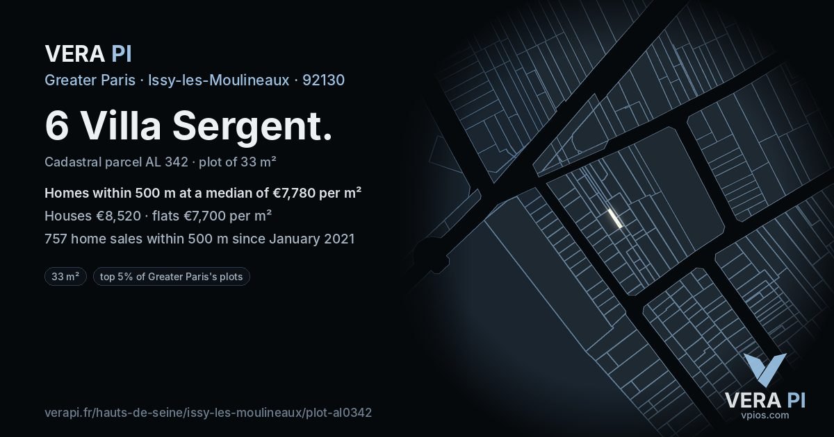 6 Villa Sergent, Issy-les-Moulineaux at night – the plot lit, the parcels around coloured by the prices near them