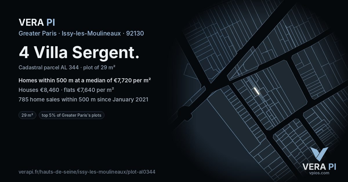 4 Villa Sergent, Issy-les-Moulineaux at night – the plot lit, the parcels around coloured by the prices near them