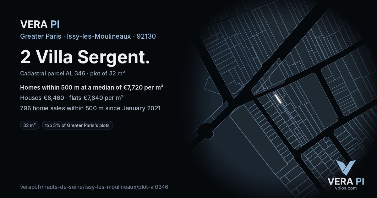 2 Villa Sergent, Issy-les-Moulineaux at night – the plot lit, the parcels around coloured by the prices near them