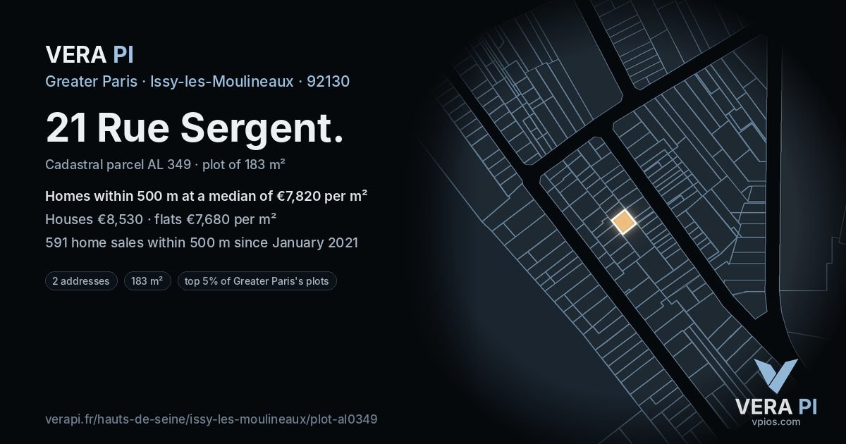 21 Rue Sergent, Issy-les-Moulineaux at night – the plot lit, the parcels around coloured by the prices near them