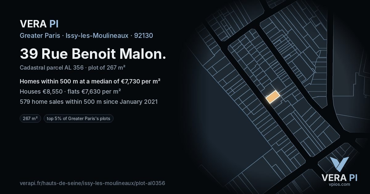 39 Rue Benoit Malon, Issy-les-Moulineaux at night – the plot lit, the parcels around coloured by the prices near them