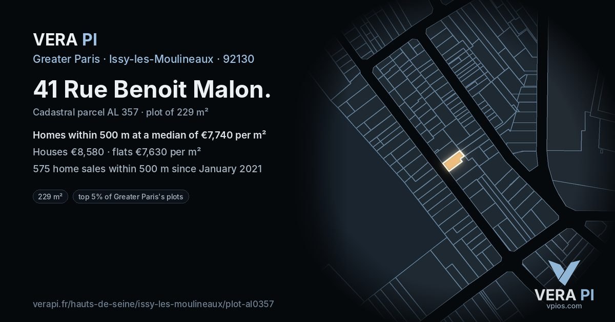 41 Rue Benoit Malon, Issy-les-Moulineaux at night – the plot lit, the parcels around coloured by the prices near them