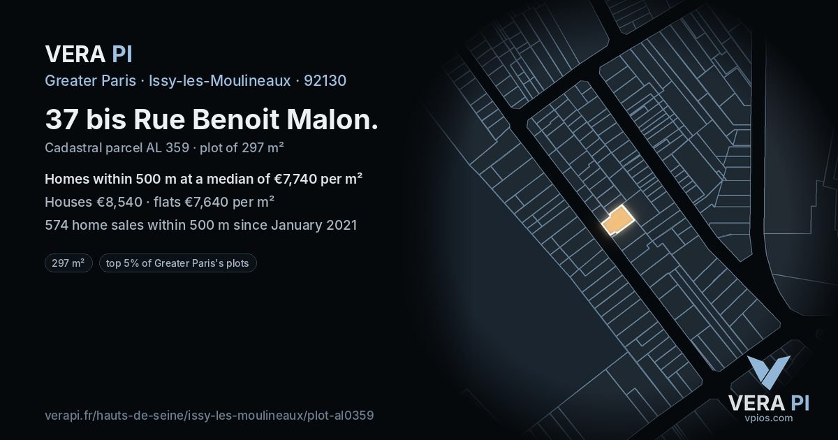 37 bis Rue Benoit Malon, Issy-les-Moulineaux at night – the plot lit, the parcels around coloured by the prices near them