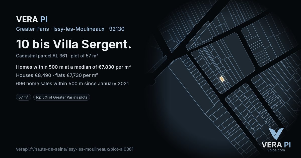 10 bis Villa Sergent, Issy-les-Moulineaux at night – the plot lit, the parcels around coloured by the prices near them