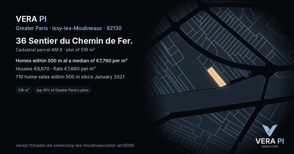 36 Sentier du Chemin de Fer, Issy-les-Moulineaux at night – the plot lit, the parcels around coloured by the prices near them