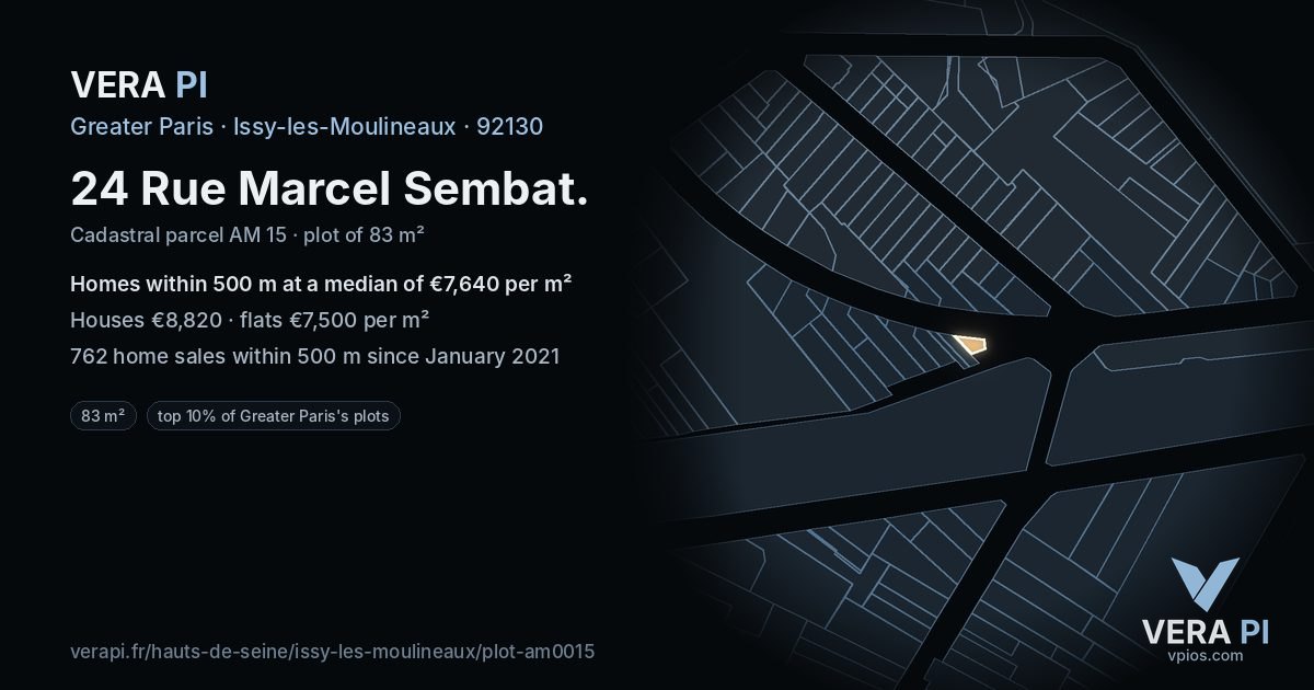 24 Rue Marcel Sembat, Issy-les-Moulineaux at night – the plot lit, the parcels around coloured by the prices near them