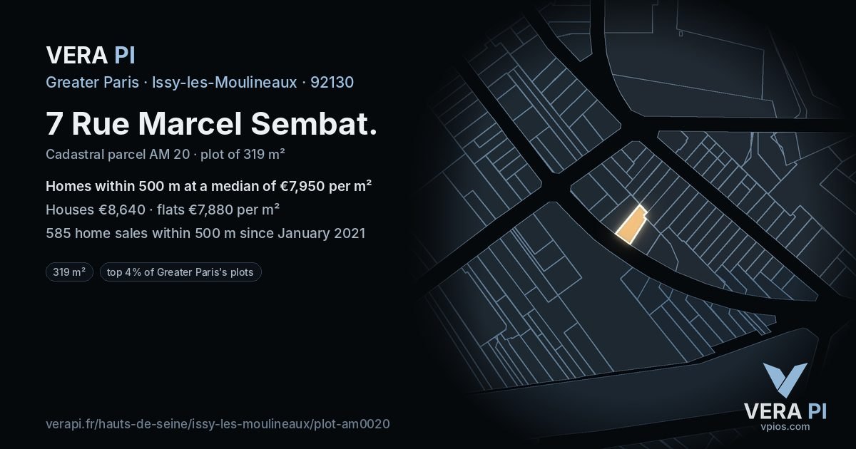 7 Rue Marcel Sembat, Issy-les-Moulineaux at night – the plot lit, the parcels around coloured by the prices near them
