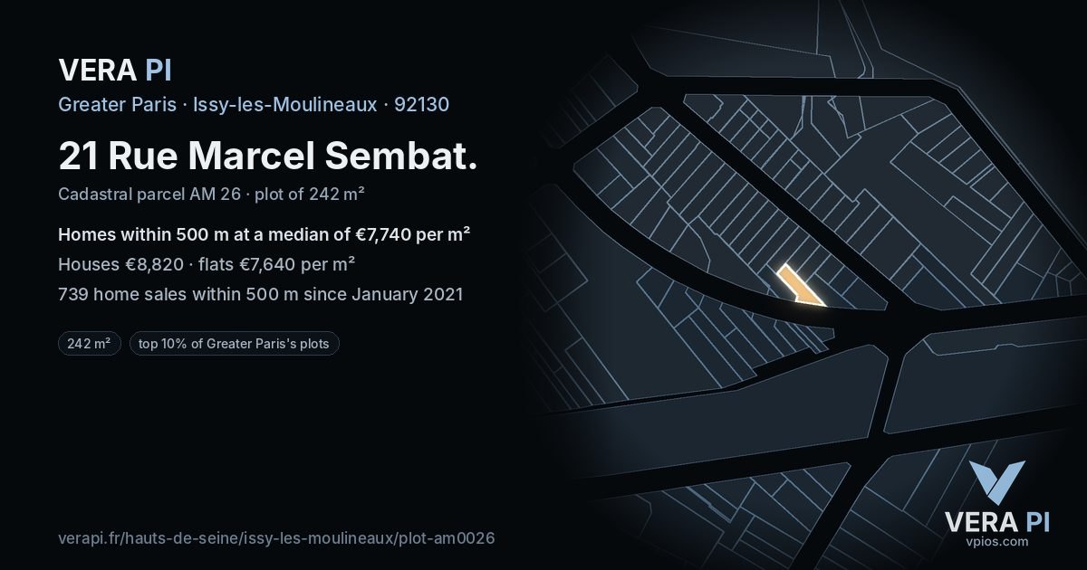 21 Rue Marcel Sembat, Issy-les-Moulineaux at night – the plot lit, the parcels around coloured by the prices near them