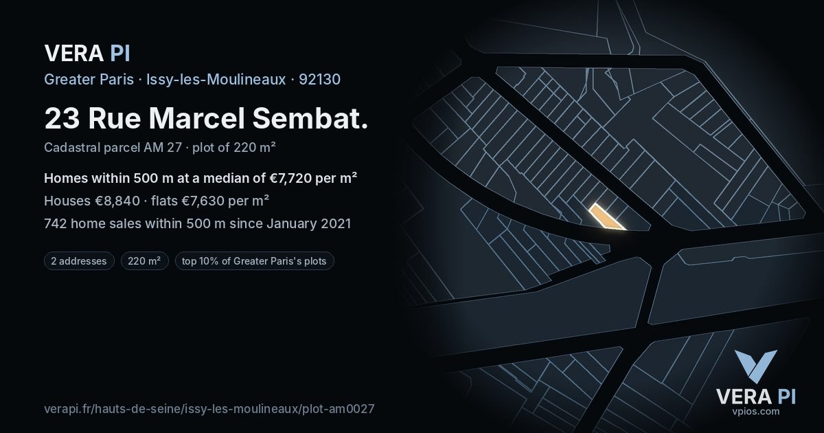 23 Rue Marcel Sembat, Issy-les-Moulineaux at night – the plot lit, the parcels around coloured by the prices near them