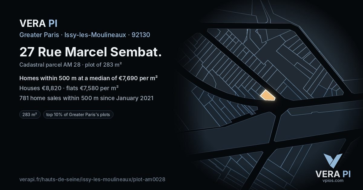 27 Rue Marcel Sembat, Issy-les-Moulineaux at night – the plot lit, the parcels around coloured by the prices near them