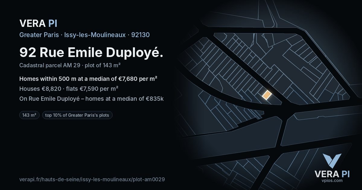 92 Rue Emile Duployé, Issy-les-Moulineaux at night – the plot lit, the parcels around coloured by the prices near them