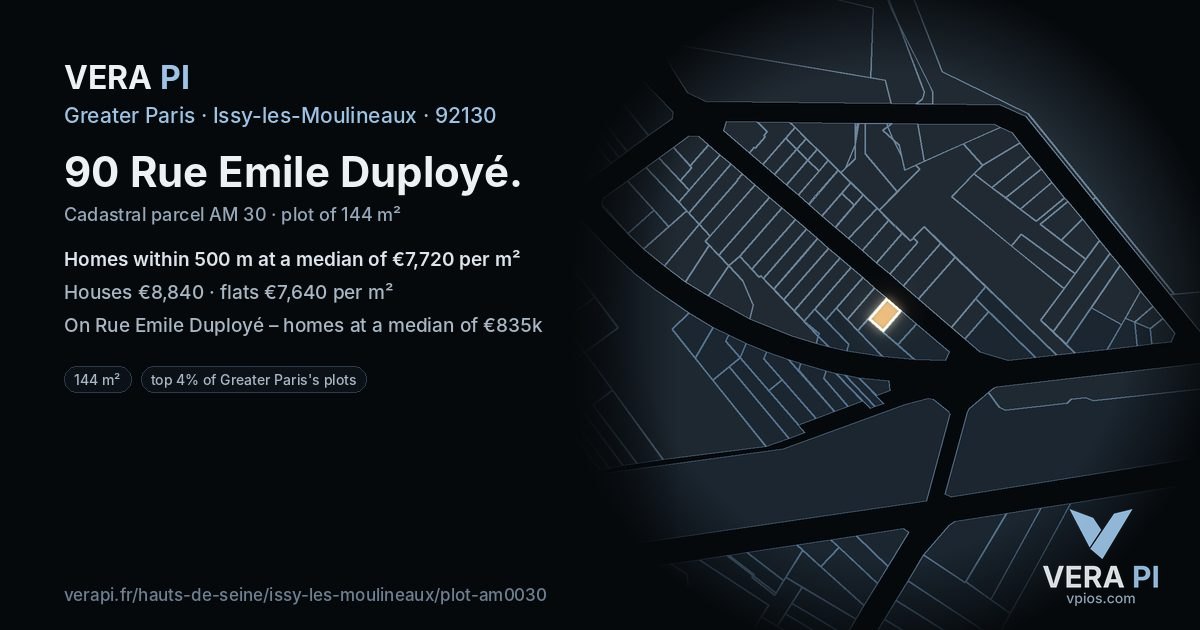 90 Rue Emile Duployé, Issy-les-Moulineaux at night – the plot lit, the parcels around coloured by the prices near them