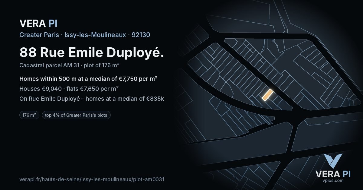 88 Rue Emile Duployé, Issy-les-Moulineaux at night – the plot lit, the parcels around coloured by the prices near them