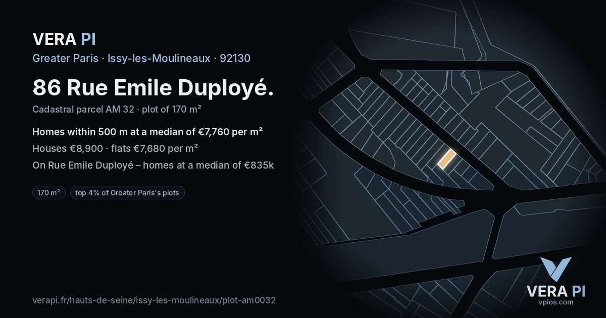 86 Rue Emile Duployé, Issy-les-Moulineaux at night – the plot lit, the parcels around coloured by the prices near them