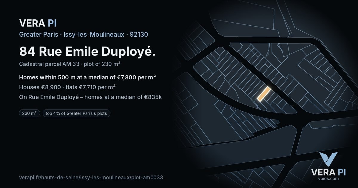 84 Rue Emile Duployé, Issy-les-Moulineaux at night – the plot lit, the parcels around coloured by the prices near them